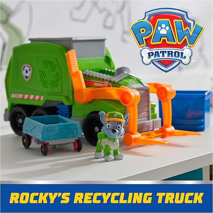 Paw Patrol: Crush N’ Roll Recycling Truck with Rocky Action Figure & Transforming Compacted Trash Vehicle, Kids Toys for Boys & Girls Ages 3 and up