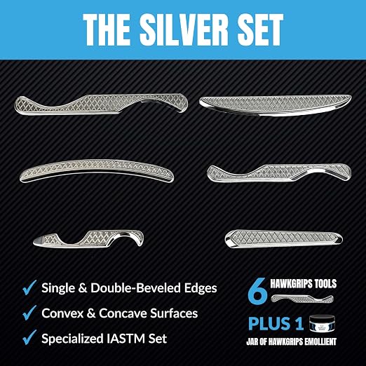 HawkGrips, Silver Massage Therapy Tool Set with Massage Therapy Fragrance-Free Emollient Cream 8oz, Stainless Steel, Includes All Six Small IASTM Tools (HG4-HG9), and Digital User Manual