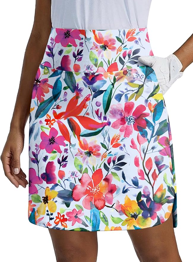 PINSPARK 18" Skorts for Woman Above Knee Length Golf Skirts 3 Pockets | High Waist, Built in Shorts, UV Protection, 4-Way Stretch, Soft, Dolphin Hem, Athletic, Tennis, Pickleabll, Casual
