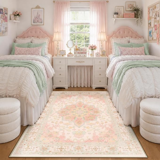 CAPALOCA 4x6 Washable Nursery Girls Low Pile Area Rug Pink Green | Non-Slip Soft Rugs for Bedroom Kids Playroom Living Room, Print Pattern Water Repellent Carpet Indoor Decor