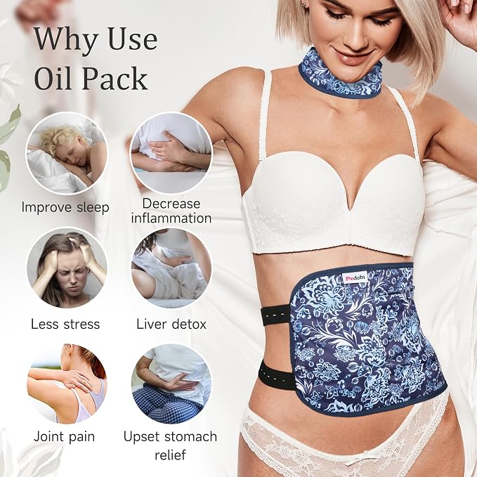 Reusable Castor Oil Pack Wrap for Liver Detox, Castor Oil Wrap for Stomach Less Mess, Elastic Strap Bamboo Cotton Machine Washable Anti Oil Leak 2pcs, Blue and White