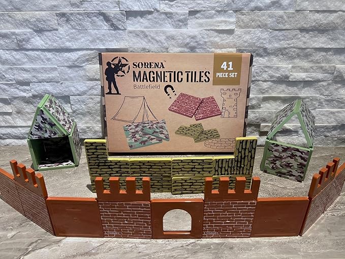 Military Battlefield Base Magnetic Tiles Building Blocks - Army War Themed Playset for Imaginative Military Building and Learning - STEM Education Toy WW1 WW2 - Great Birthday Gift for Boys