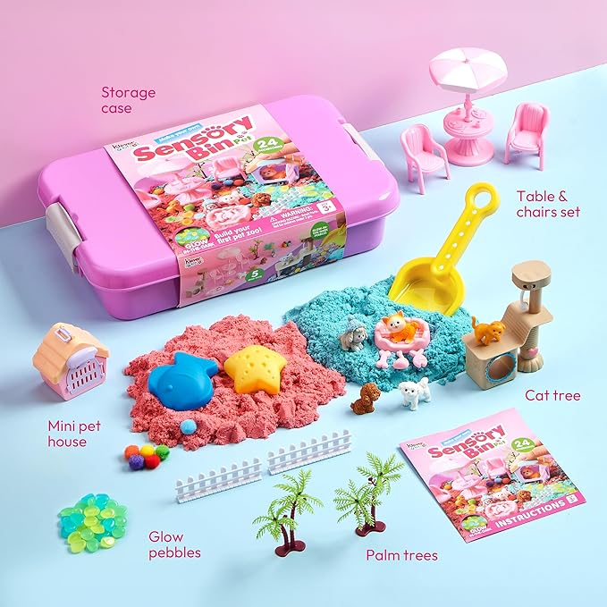 JOVA Klever Kits Cute Pet Sensory Bin for Toddlers with Glow in The Dark Stones, Sandbox with Lid Dual-Color Sand, Preschool Learning Activities Gifts for Boys Girls Age 3+