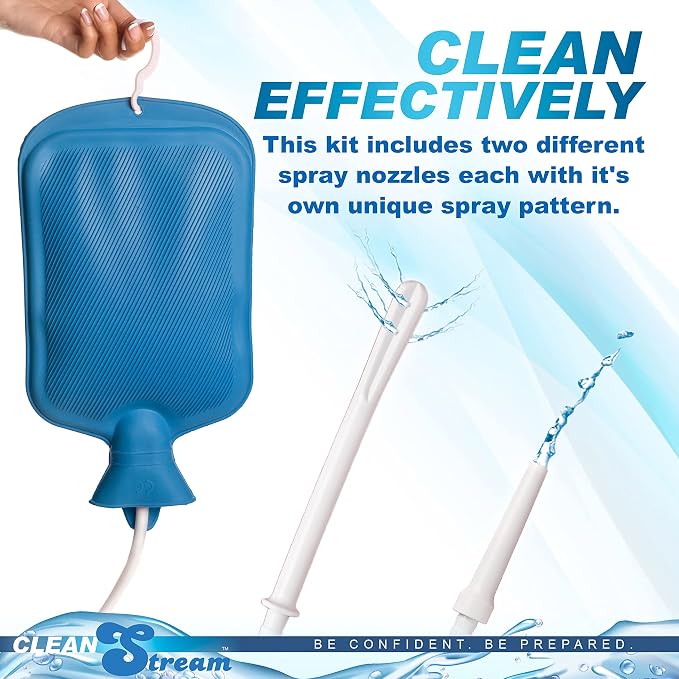 CleanStream Water Bottle Enema Cleaning Kit for Men and Women, 2 Quart Durable Rubber Bag with 5-Foot Flexible Tube, Tapered and Nozzle Tips Included, Flow Control Clamp, Hygienic Design