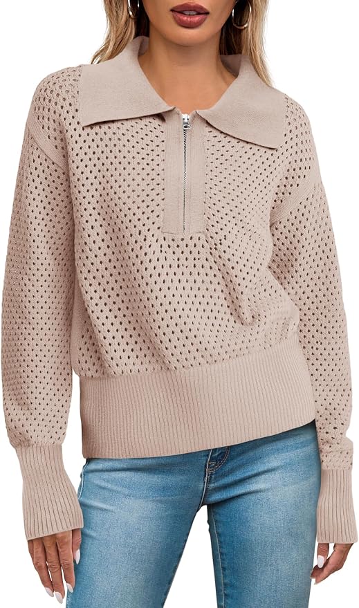 Doshoop Womens Summer Crochet Sweaters Long Sleeve Hollow Out Knit Half Zip Lapel Collar Pullover Tops