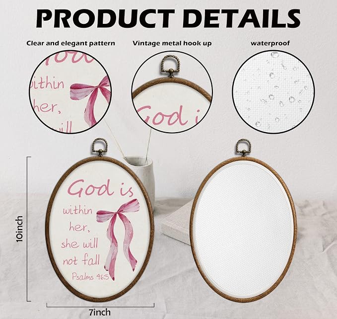 Coquette Pink Bow Christian Oval Wall Art, Bible Verse Scripture Oval Framed Wall Art, Waterproof Cottage Core Home Decor for Western Farmhouse Bedroom Living Room, Home Retro Decor Products, 05