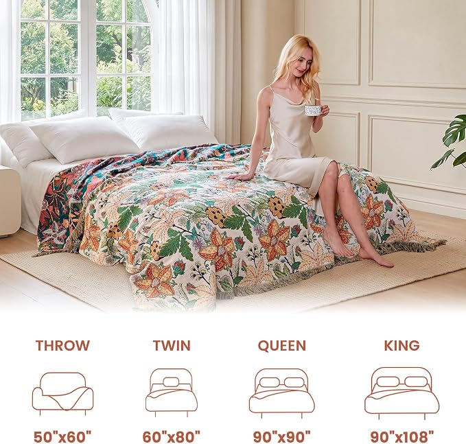 MSGKV Boho Throw Blanket 50"x60" 100% Cotton Embroidery Floral Muslin Throw | 100% Cotton Muslin, Embroidered Floral Throw, Soft & Breathable, Lightweight Comfort, Couch & Bed Decor, Machine Washable