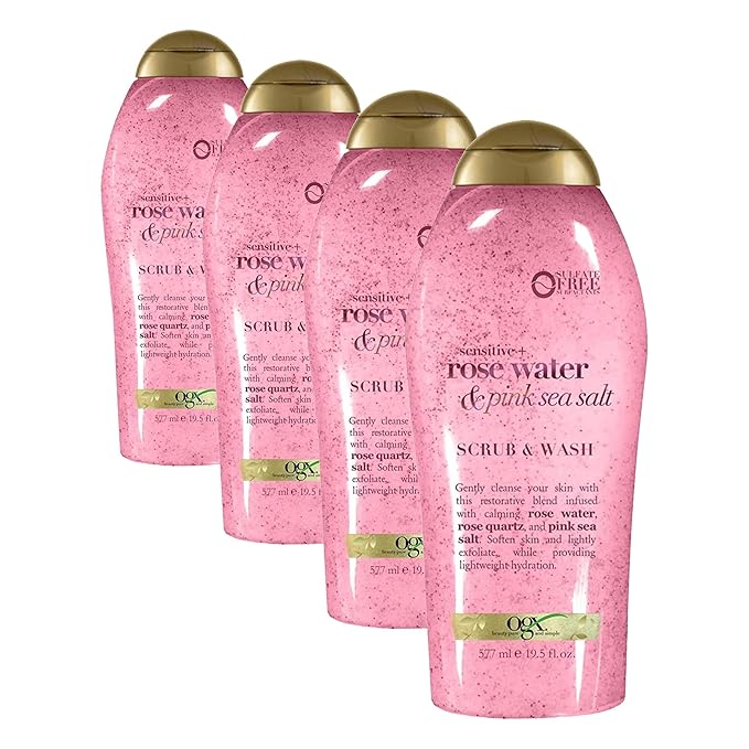 OGX Sensitive + Rose Water & Pink Sea Salt Exfoliating Body Scrub + Rose Quartz,Gentle Exfoliating Daily Body Wash Softens Skin,Body-Scrub for Women,Sulfate-Free Surfactants,19.5 fl oz,(Pack of 4)