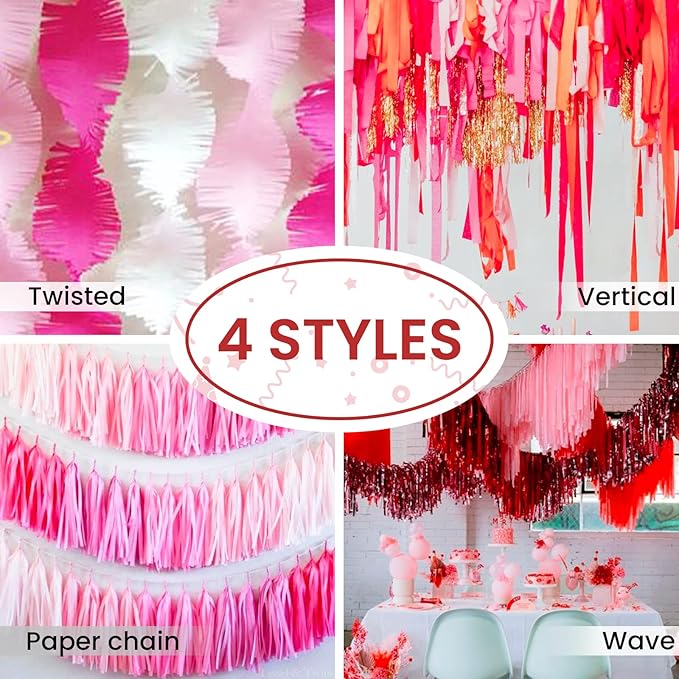 PartyWoo Pink Crepe Paper Streamers 6 Rolls 492 ft Pack of Light and Hot Pink Red White Crepe Paper Rolls for Baby Shower Valentine's Day Wedding Birthday Party Decorations (1.8 Inch x 82 Ft/Rolls)