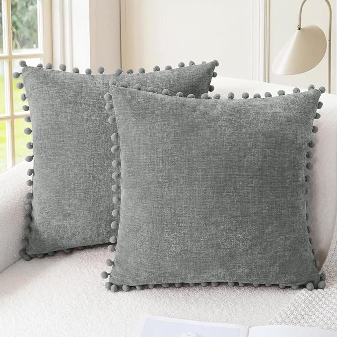 CaliTime Decorative Couch Throw Pillow Covers 16 X 16 Inches Medium Grey | Pack of 2, Cozy Chenille Cushion Cases, with Pom Poms for Sofa Bed Living Room Farmhouse Home