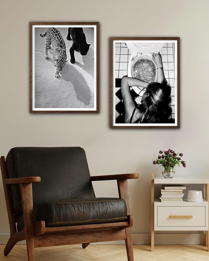 EcoHest 12x16 in Cheetah and Jaguar Walking Framed Wall Art | Walnut Color Solid Oak Frame, Canvas Wall Art, Black White Animal Wall Decor for Living Room, Bedroom, Apartment, Dorm, 1Pack