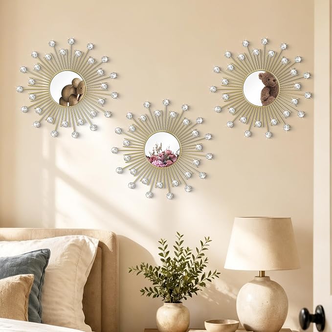 3 Pack Metal Mirrors for Wall Sunburst Wall Mirrors Home Décor Decorative Hanging Wall Art for Living Room Bedroom Entryway (Gold2 Crystal, Sunburst)