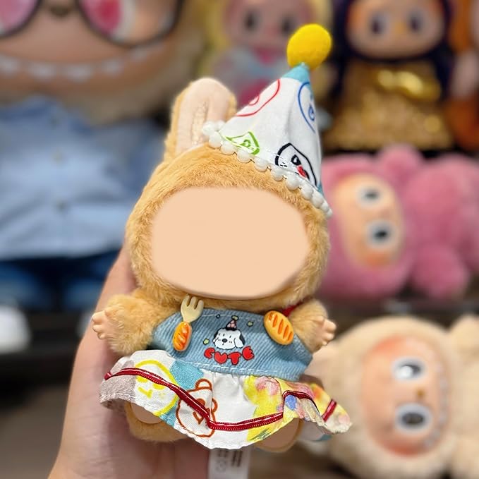 Doll Clothes Set for 15cm/17cm Dolls Outfit Accessories, Party Hat + Colorful Denim Skirt + Clothes Hanger, No Doll Included (NO Dolls)