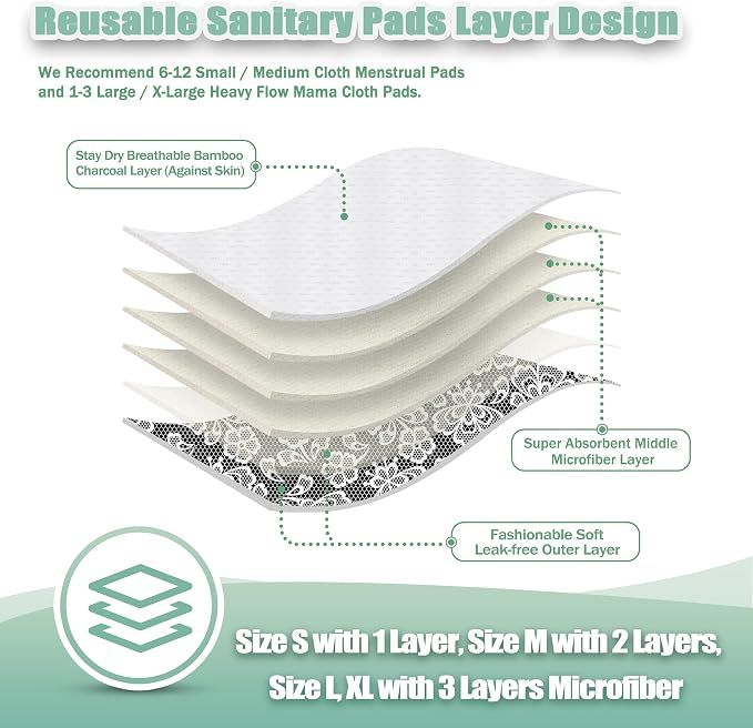 Wegreeco Reusable Menstrual Pads - Soft Cloth Sanitary Pads | Panty Liners - 6 Pack with 1 Cloth Wet Bag (Black, Grey Lace, Large)