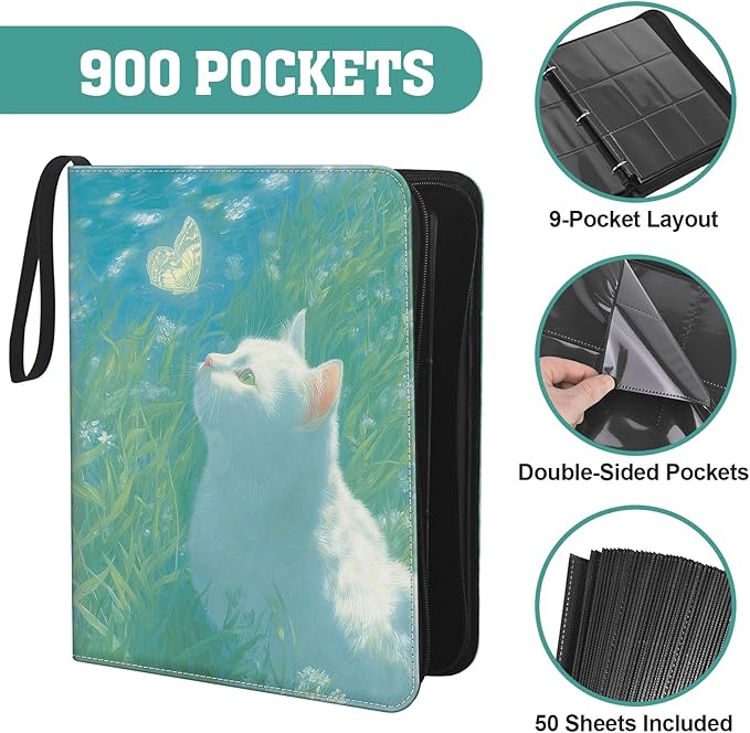 TCG Trading Card Binder, 900 Pockets, 3-Ring Zipper with 50 Double-Sided 9-Pocket Pages, Fits 2.5" x 3.5" Cards, Acid-Free PVC-Free PP Pages, PU Cover, White Cat & Butterfly Design