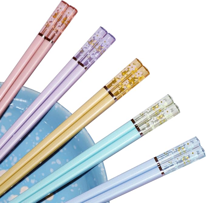5 Pairs Amber Cherry Blossom Pattern Decoration Multicolor Fiberglass Chopsticks Japanese Korean Chopsticks Reusable Dishwasher Safe Yellow Pink Blue Green Purple