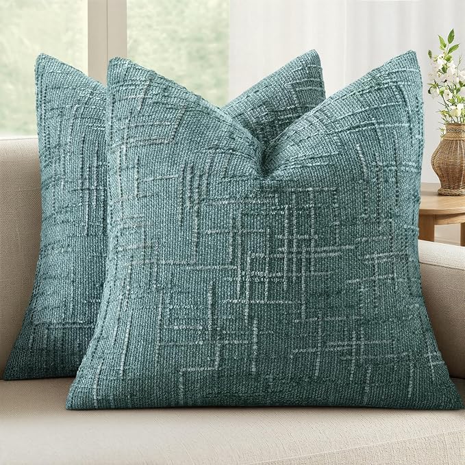 MIULEE Chenille Textured Throw Pillow Covers Teal 20x20 Set of 2 | Slubby Decorative Pillows, Boho Farmhouse Home Decor, Modern Neutral Cushion Covers for Couch Sofa Bed Living Room