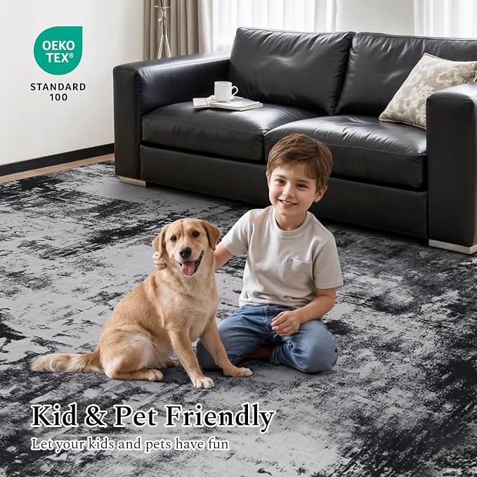 Rugflix Round Area Rugs 6Ft for Living Room, Washable Black Grey Circle Rug | Machine Washable; Stain-Resistant; Low Pile; Non-Slip; Modern Abstract; Carpet for Bedroom Dining Office Nursery Home