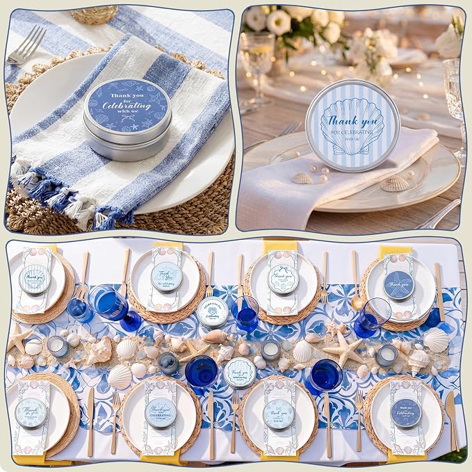 Treela 24 Pcs Coastal Candles Favors Blue Bow Starfish Seashell Scented Candle Tins with Lids Coquette Ocean Gifts for Summer Beach Wedding Bridal Baby Shower Party Favors Decorations