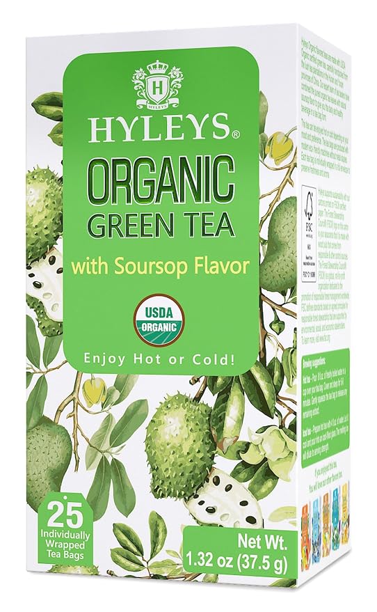 HYLEYS Organic Green Tea with Soursop Flavor, 300 Individually Wrapped Tea Bags (12 Pack of 25) - USDA Organic Graviola Guanabana Tea with Light Caffeine