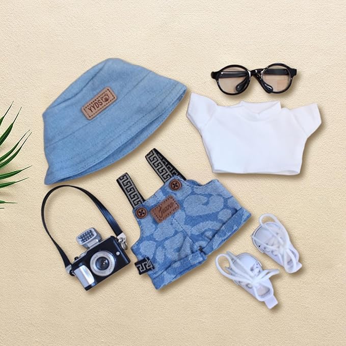 6 Piece 17cm Doll Clothes, Outfit Set with Accessories for 17cm Dolls, Denim Style Outfit Set with T-Shirt + Denim Overalls + Canvas Sneakers + Denim Hat + Mini Camera + Glasses, No Doll Included