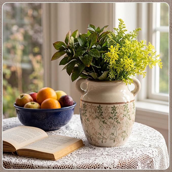 LemonRoad Vintage Planter Large Ceramic Plants Pot Beige Chinoiserie Floral Cottage Scroll Vase Flower Pot Indoor Home Farmhouse Kitchen Antique Decorative Gifts(Green Leaf Vine,7.7 Inch)