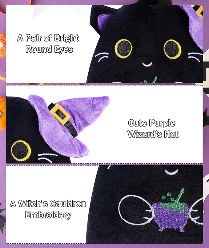 Halloween Stuffed Animal Cat Plush – Cute Halloween Decor Accessory Black Cat Plushie with Witch Hat 10 Inch Holiday Stuffed Animal