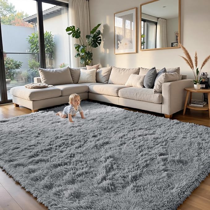 yongyangjuxin Fluffy Rug Shag Area Rug, Light Grey 9x12 Area Rugs for Living Room, Large Shag Area Rugs for Bedroom Room Home Decor, Upgrade Anti-Skid Rectangular Fuzzy Rugs