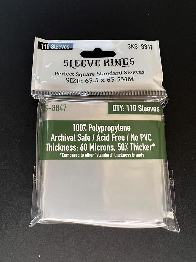 Sleeve Kings Standard Card Sleeves – 110 Count, Clear 60 Micron Thickness, Medium Square Size (63.5 x 63.5 mm), Compatible with On Mars & More – SKU: SKS-8847