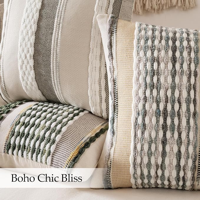 ANRODUO Boho Decorative Pillow Covers Olive Green Stripe 18x18 Pack of 2 | Throw Pillow Covers, Farmhouse Cushion Case, Chenille Pillow Cases, Pillow Covers, Accent Neutral Pillowcase for Couch Bed