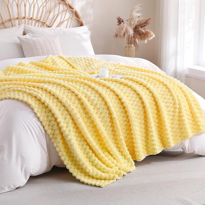 Bright Yellow Fleece Throw Blanket 50”×60” for Couch Sofa Bed | Super Soft Cozy Plush Microfiber Flannel Blanket with 3D Jacquard Lightweight for Mom Woman