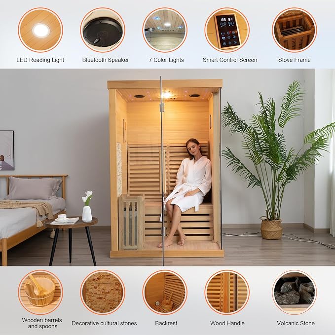 Smartmak Wood Home Traditional Steam Sauna, WiFi Control 2 Person Luxurious Indoor Canadian Hemlock Wooden Spa Room, with 3.5 kw Heater, Backrest, Bluetooth Speaker, Rock, Water Bucket, Spoon, Light