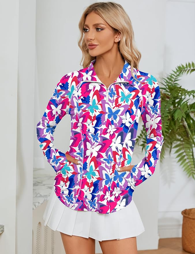 LOMON Women Long Sleeve Shirts Sun Protection 1/4 Zip Summer Quick Dry Hiking Shirts Quarter Zip Pullover for Women