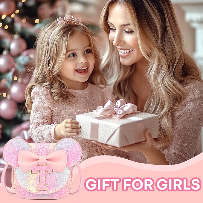 mibasies Toddler Purse Girl Gifts: Girls Birthday Gifts for 3-8 - Toys for Ages 2-4 Girls Mouse Ears Purse, Glitter Rainbow, Letter T
