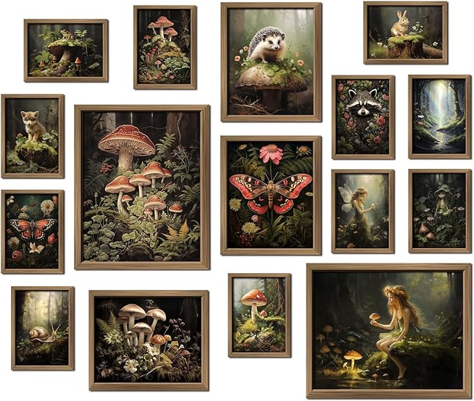 ANERZA 16 PCS Framed Dark Cottagecore Wall Art Decor, Cottage Core Wall Prints for Bedroom, Gallery Wall Frame Set, Fairycore Posters for Living Room Aesthetic, Nature Forest Mushroom Dorm Home Decor