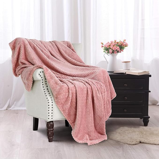 Exclusivo Mezcla Large Waffle Fleece Throw Blanket for Couch, Pink | Lightweight Soft Blanket for Sofa, Bed, Living Room, Plush Fluffy Throw for Home Decor, Travel, All Season, 50x70 Inches