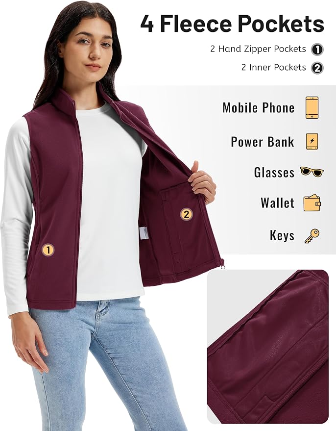 TACVASEN Women's Fleece Vest Lightweight Sleeveless Zip Jacket Outerwear | Soft Polar,Zipper Pockets,Stand Collar,Fall Winter Warm,Outdoor,Athletic,Running,Hiking,Travelling,Golf,Work