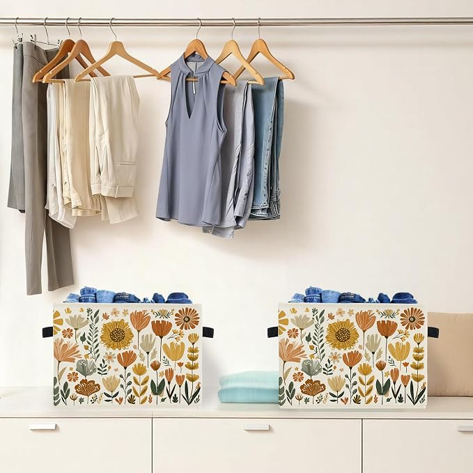 Boho Floral Storage Box Bins, Cottagecore Country Wildflower Botanical Collapsible Storage Basket Organizer for Bedroom Laundry Room Home Clothes Books, Decor for Room