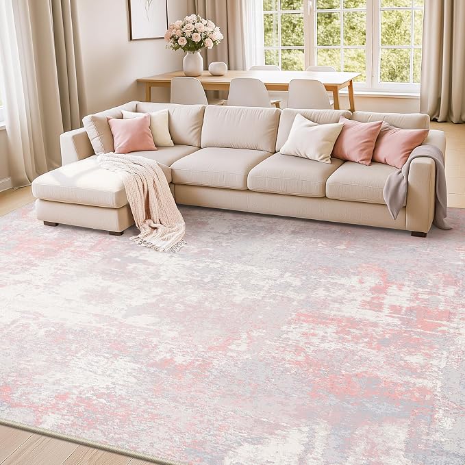 RELEANY Washable 5'x8' Abstract Area Rug for Living Room Gray Pink | carpet for bedroom, kitchen, office, hallway and entryway, printed pattern, non-slip, soft, stain-resistant, easy to clean
