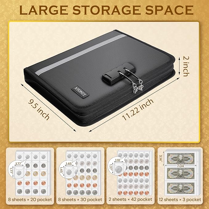 Coin Collection Book Holder for Collectors, 484 Pockets Fireproof Coin Collection Supplies and 36 Currency Album Storage Organizer, Lockable Coins Album for Coins Collector Gifts for Bill, Penny Black