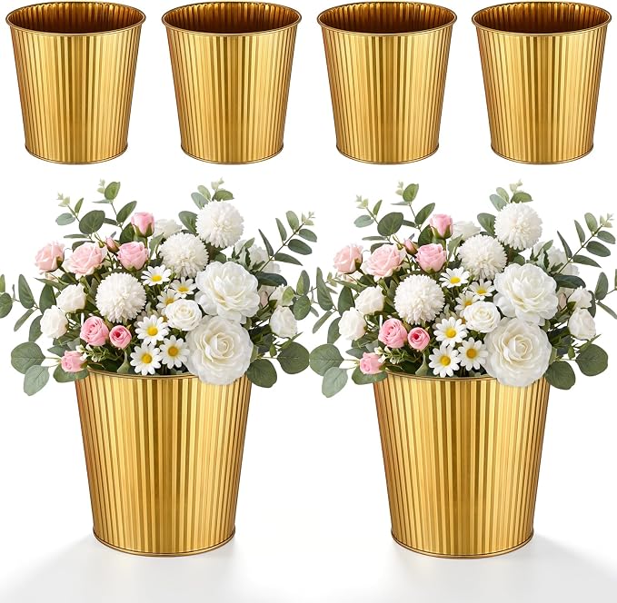 Havawish 6 Pcs Small Gold Metal Bucket Vases for Centerpieces | 5.1 Inch Ribbed Vintage Planter Plant Pots for Wedding Table Garden Birthday Party Decorations