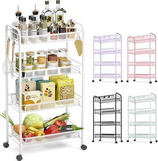 TOOLF 4 Tier Rolling Cart, Metal Utility Storage Cart with Wheels, White | 3 Hooks, Screwless Assembly, Trolley Organizer for Bathroom, Kitchen, Office, Nursery, Dorm, Laundry Room
