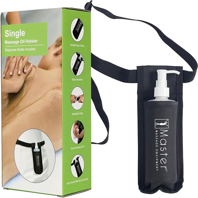 Master Massage Single Bottle Massage Oil Holster Case Bag-Adjustable and Heat-Resistant Bottle Cream & Lotion Single Holster Bag Kit– Incl. One8 Oz Refillable Pump Dispenser