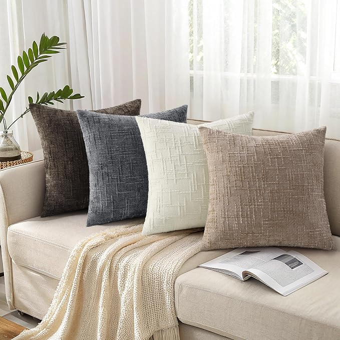 decorUhome Textured Chenille Throw Pillow Covers 24x24 Set of 2 Oatmeal | Fall Modern Farmhouse Soft Cozy Slubby Couch Pillow Cases Boho Decorative Pillow Cases for Bed Sofa Living Room Home Decor