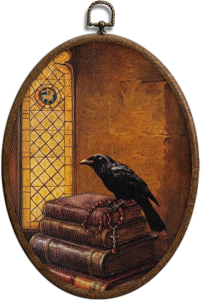 Vintage Raven Crow Oval Wall Art, Church and Raven Oval Framed Wall Art, Waterproof Mid Century Cottage Core Home Decor for Western Farmhouse Bedroom Living Room, Home Retro Decor Products, 19