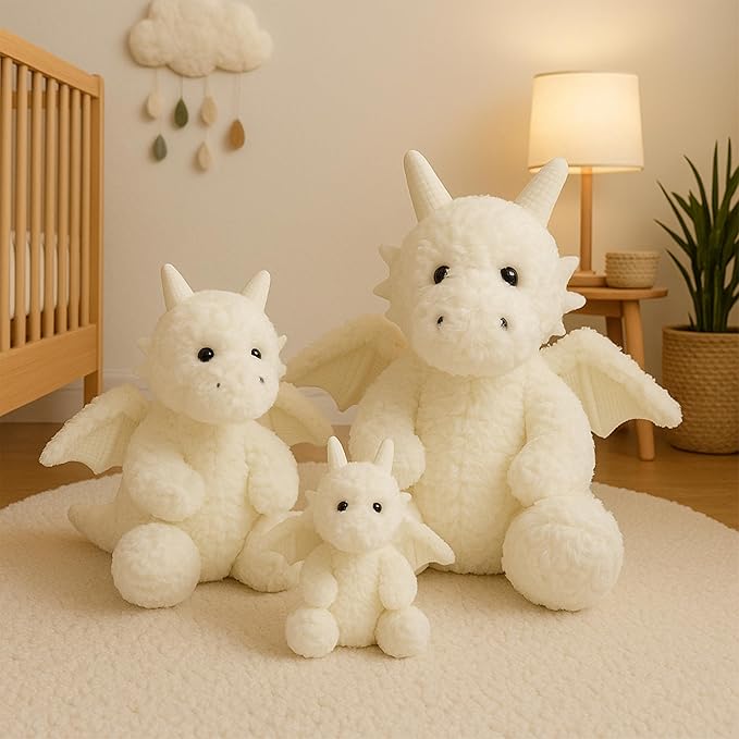 Soft Little Flying Dinosaur Stuffed Plush Pillow, Adorable White Dragon Plush Toy and Birthday Present for Kids, Adults and Collectors(White/7.9in)