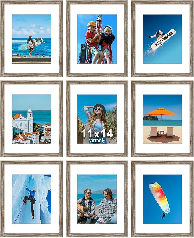 Vittanly 11x14 Picture Frames Set of 9 for Wall Mounting, Grayish Brown | Display Pictures 8x10 with Mat or 11x14 without Mat, Engineered Wood with Shatter Resistant Plexiglass, Gallery Photo Frames