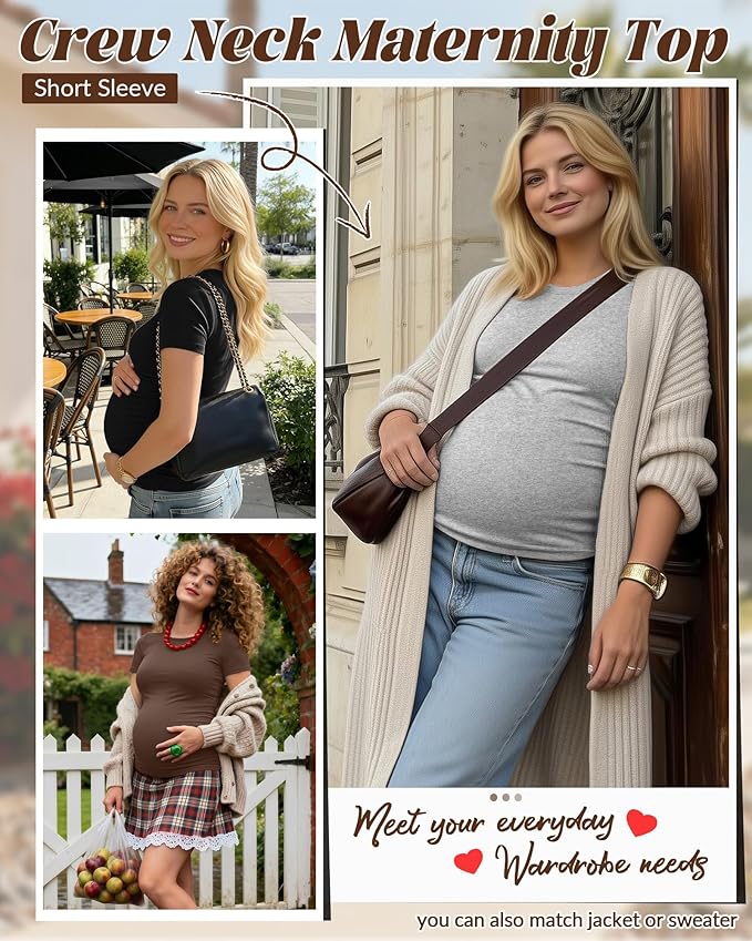 Huukeay 4 Pack Women's Maternity Shirts, Crew Neck Maternity Top Short Sleeve Casual Cotton Tee Side Ruched Pregnancy Clothes