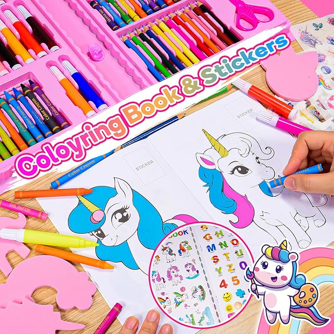 HCHILDHOOD Art Supplies for Girls, Arts and Crafts for Kids Age 4-6 6-8 with Trifold Easel,Includes Sketch Pads,Oil Pastels,Crayons,Colored Pencils, Drawing Set for 3-12 Year Olds Girls (Pink)