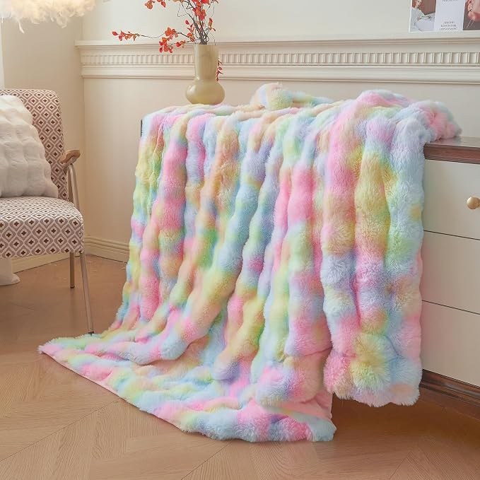LIFEREVO Luxury Fluffy Faux Rabbit Fur Throw Blanket 60x80, Rainbow | Plush Fuzzy Bubble Lap Throw for Couch Sofa Office, Soft Cozy Tie Dye Furry Bed Blanket Home Decor, Washable & Skin-friendly